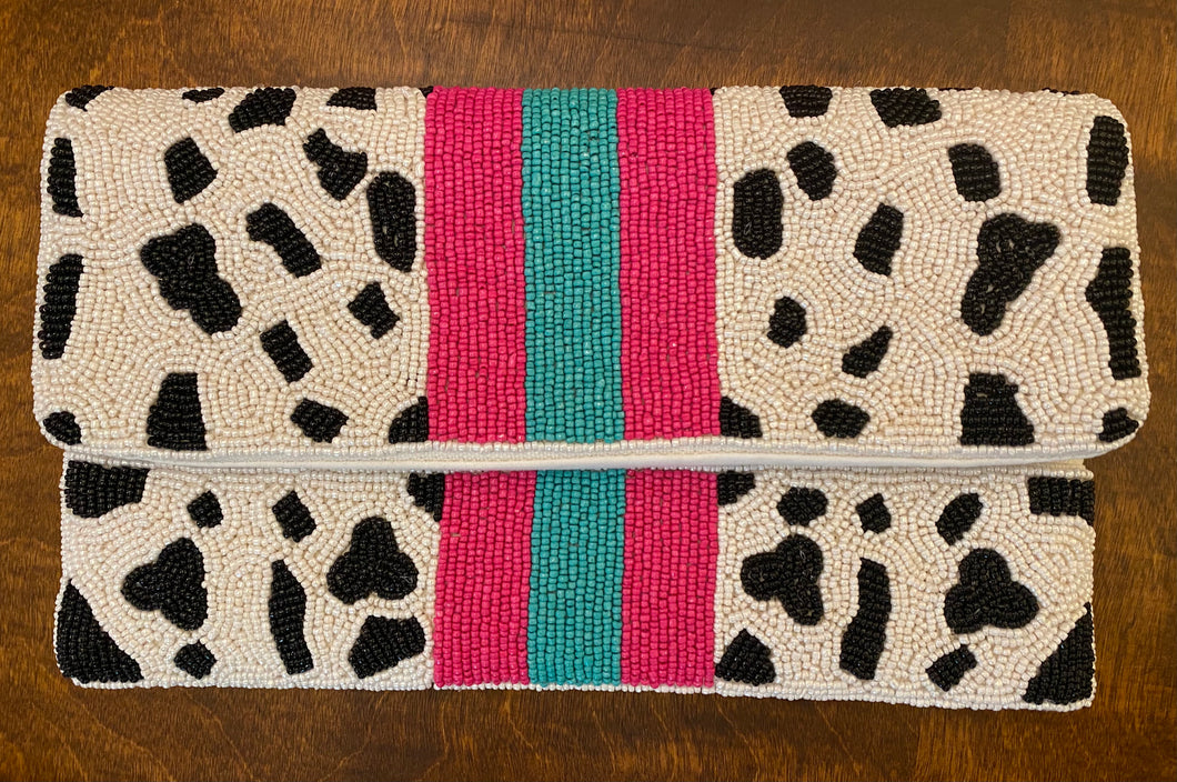 Beaded white leopard clutch with pink stripes