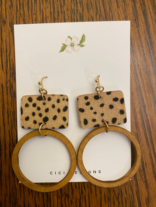 Cheetah & Wood Circle Earrings
