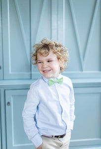 Oh, he is as dapper as can be! Your little lad will be dressed and ready for any special occasion with one of our sweet bow ties.  The Charlie Bowtie is 3.5" wide and is designed to fit ages 1 to 5. 